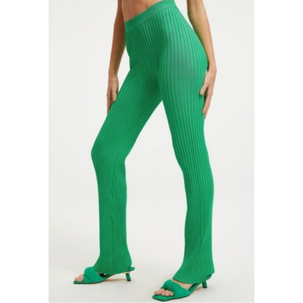 NWT Good American Summer Green Ribbed Pants‎ Women 5/6 Flare Pull on Stretch